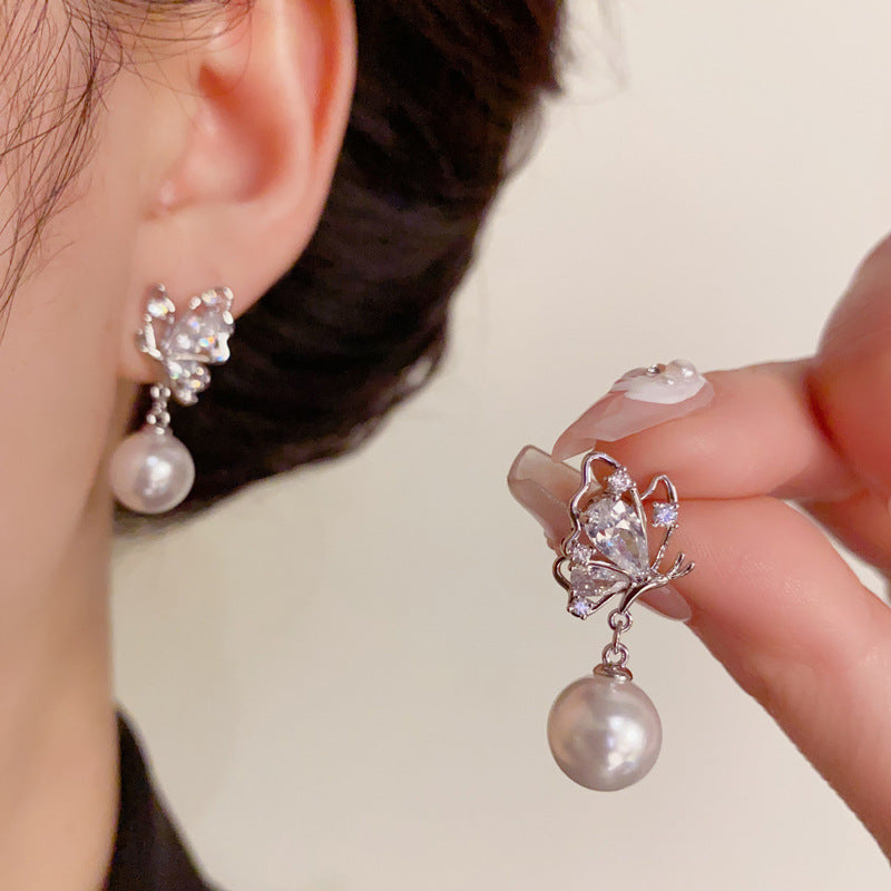 14K Gold Zircon Butterfly Pearl Drop Earrings - Chic Elegance Design
