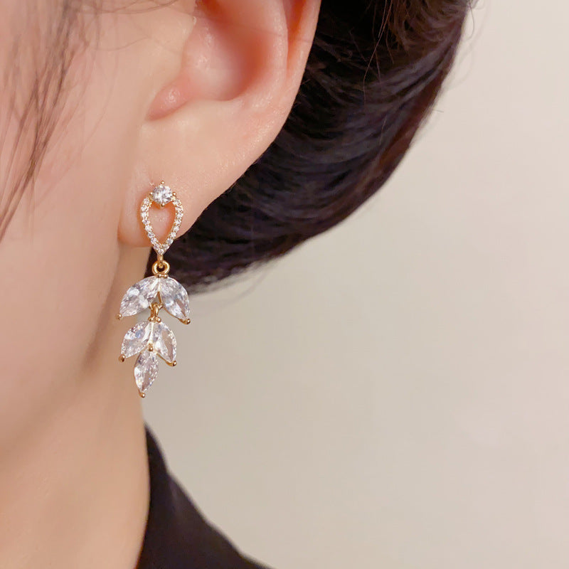 Elegant Zircon Leaf Tassel Drop Earrings – French Botanical Design