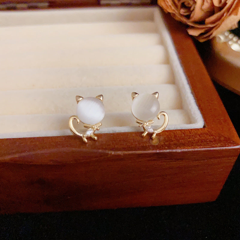 14K Gold Cat's Eye Stone Kitten Stud Earrings – S925 Silver Needle