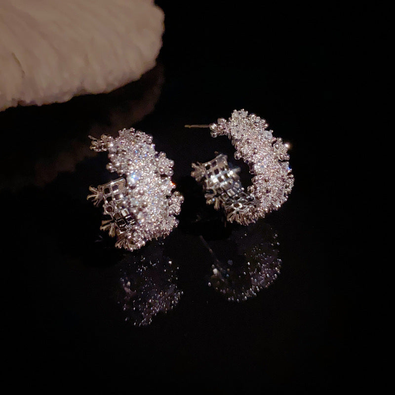 14K Gold Full Rhinestone C-Hoop Earrings – Sparkling Minimalist Style