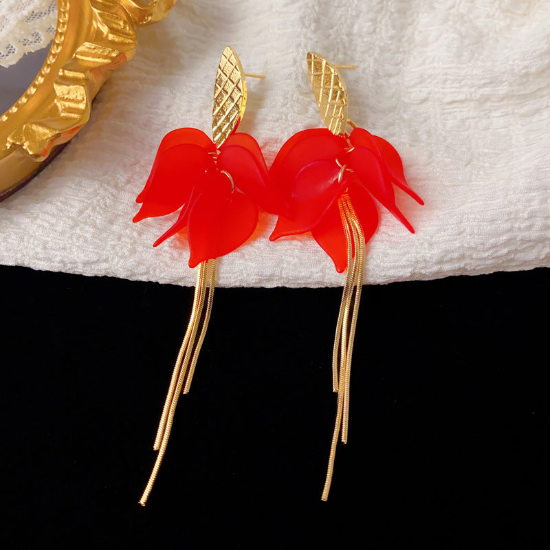 Luxury Red Petal Long Tassel Drop Earrings – French Floral Design