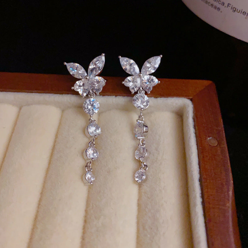 14K Gold-Plated Rhinestone Butterfly Tassel Earrings – Elegant Design