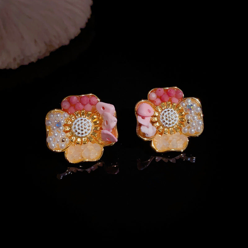 14K Gold Handmade Colorful Four-Leaf Flower Earrings – Elegant Design