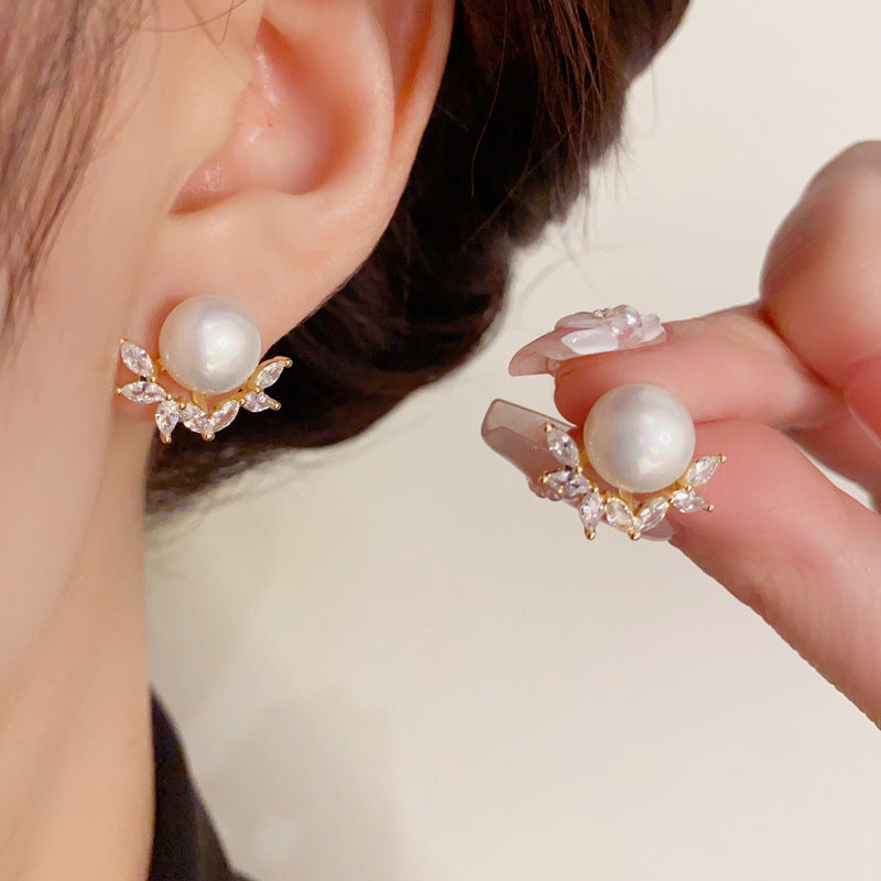 14K Gold-Plated Zircon Leaf Pearl Stud Earrings - Elegant Design