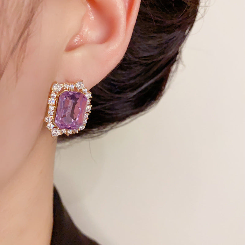 14K Gold-Plated Zircon Purple Square Stud Earrings – Elegant Design
