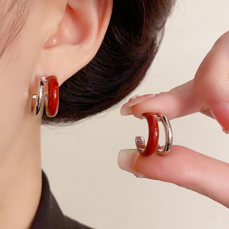 Luxury Double-Layer Red Enamel Hoop Earrings – Elegant Design