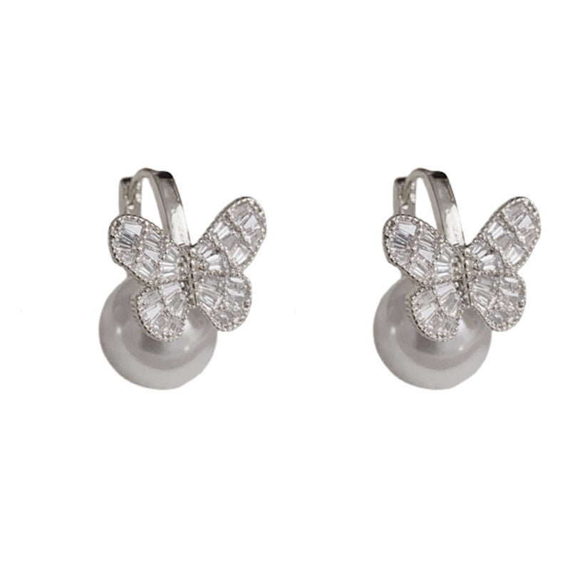 Luxury Pearl & Rhinestone Butterfly Earrings – Elegant French Design