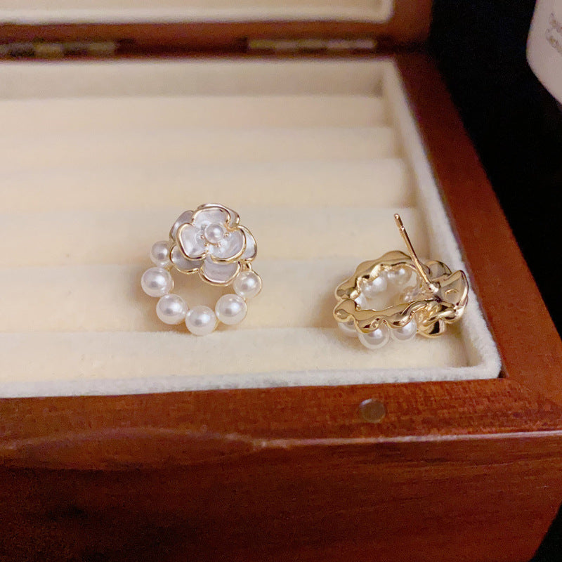 14K Gold Enamel Flower Pearl Stud Earrings – Elegant Minimalist Design