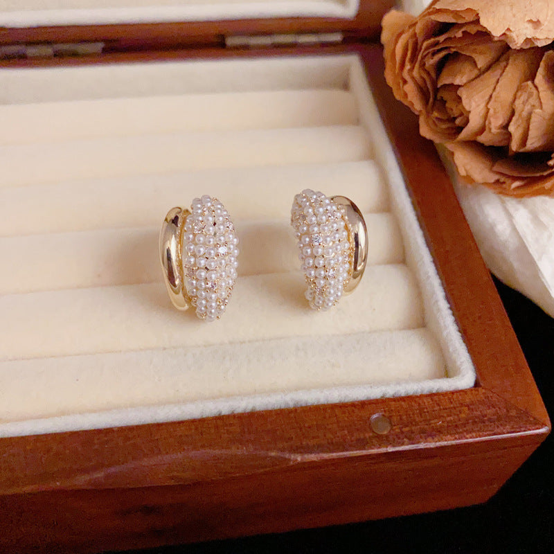 Luxury Zircon & Pearl Double-Layer Stud Earrings – Geometric Design