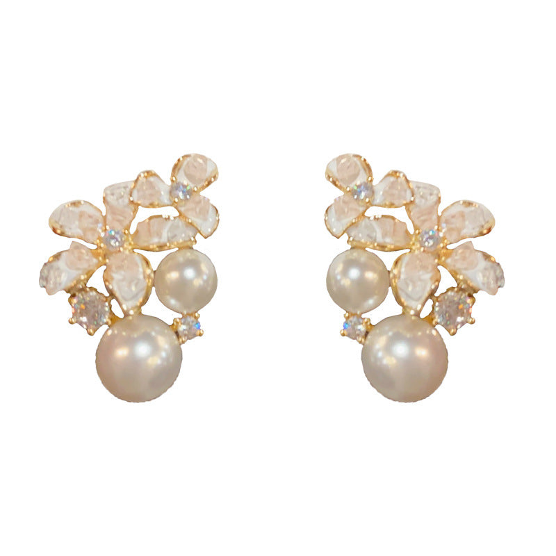 14K Gold-Plated Zircon Flower Pearl Stud Earrings – Elegant Design