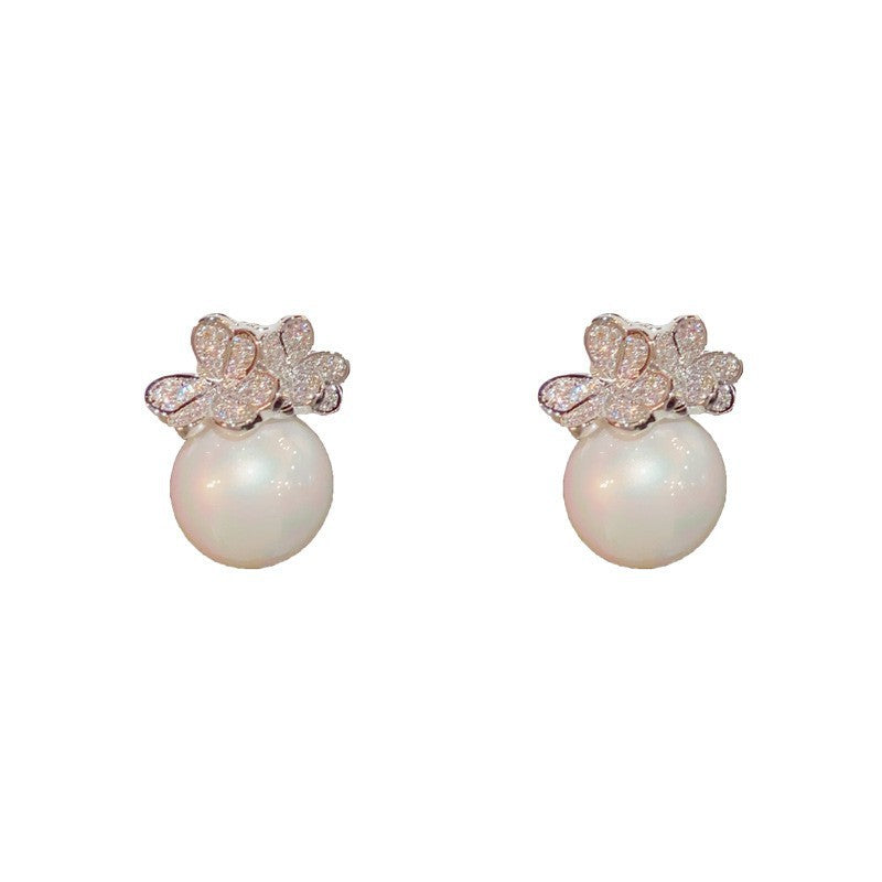 14K Gold-Plated Zircon Flower Pearl Stud Earring - Elegant Design