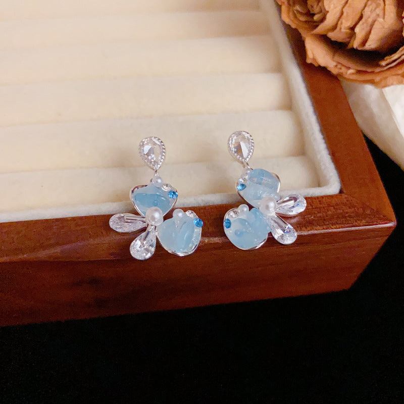 Luxury Blue Crystal Butterfly Drop Sliver Earrings – Elegant Design