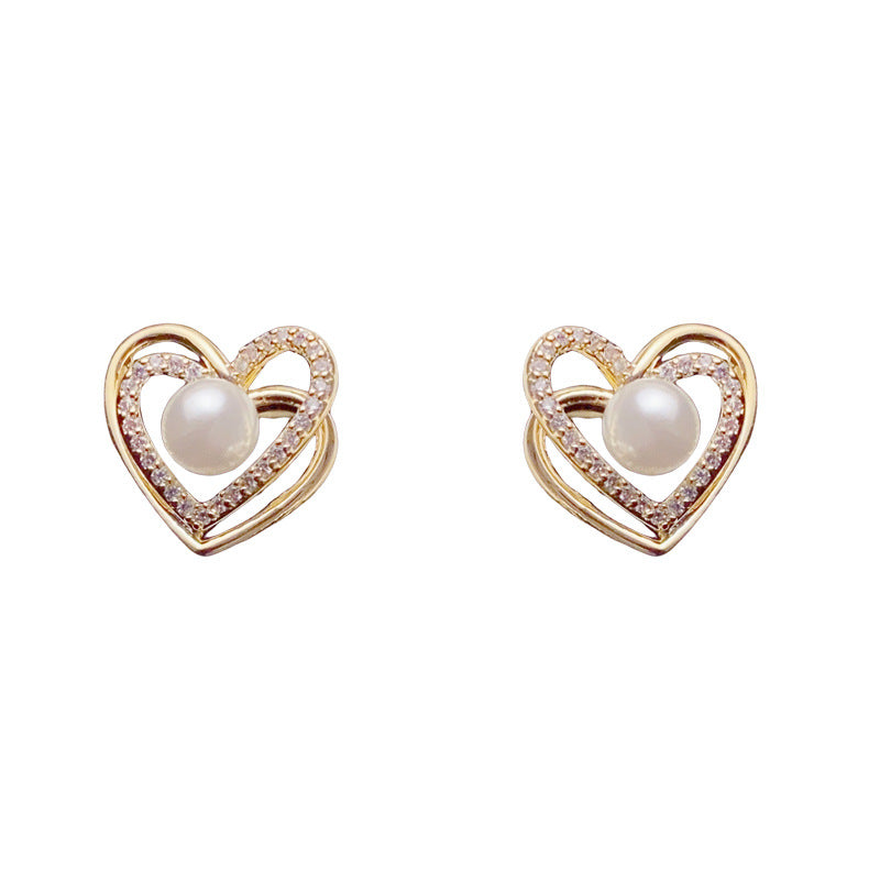 Luxury Zircon Double-Layer Heart Pearl Stud Earrings – Elegant Design