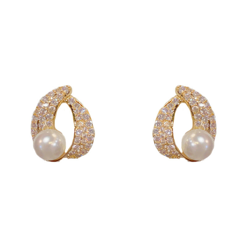 Elegant Zircon Geometric Pearl Stud Earring – French Minimalist Design