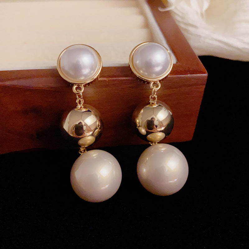 Elegant Pearl & Metal Sphere Tassel Drop Earrings – Geometric Design