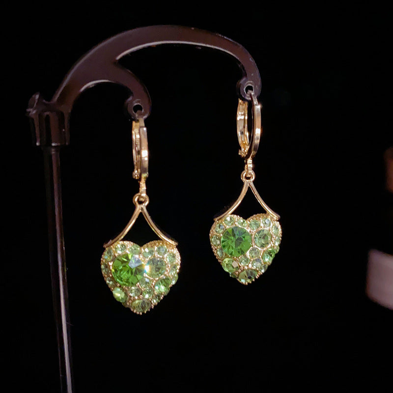 14K Gold-Plated Green Zircon Heart Tassel Earrings– Elegant Chic Style