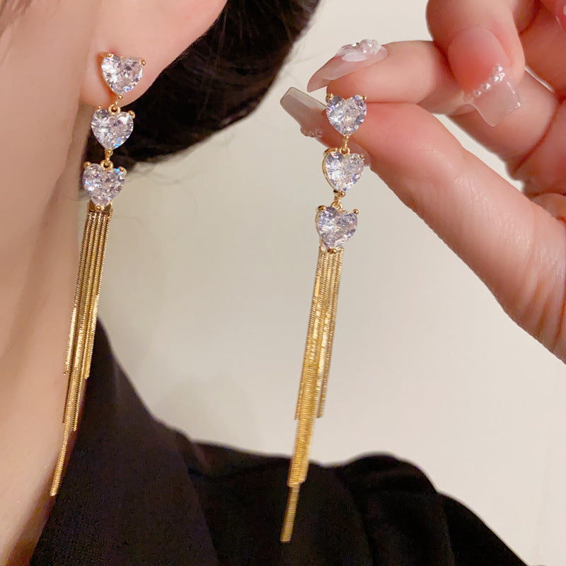 14K Gold Zircon Heart Long Tassel Drop - Chic Elegance Design
