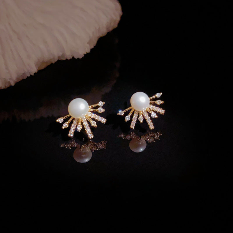 Elegant Zircon Sunflower & Pearl Stud Earrings – Geometric Design