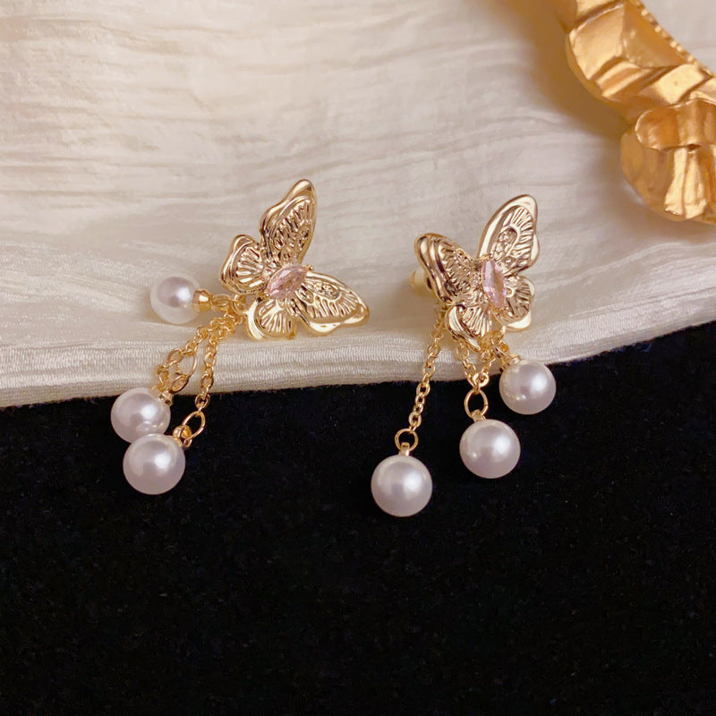 Butterfly Chain & Pearl Front-Back Drop Earrings – Elegant Design