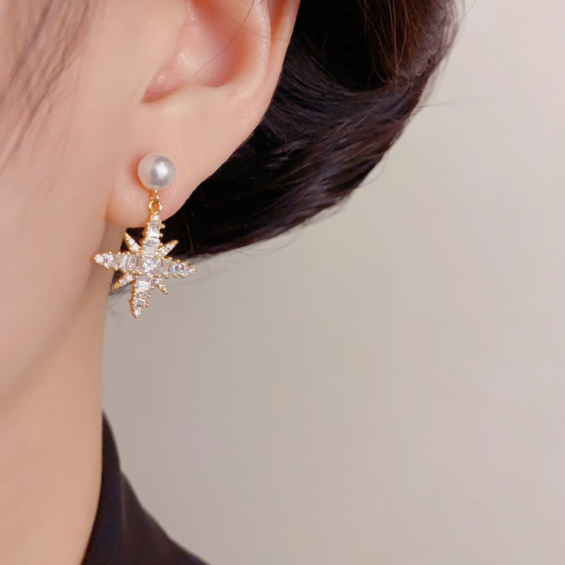 Elegant Zircon Starburst Pearl Drop Earrings – Celestial Design