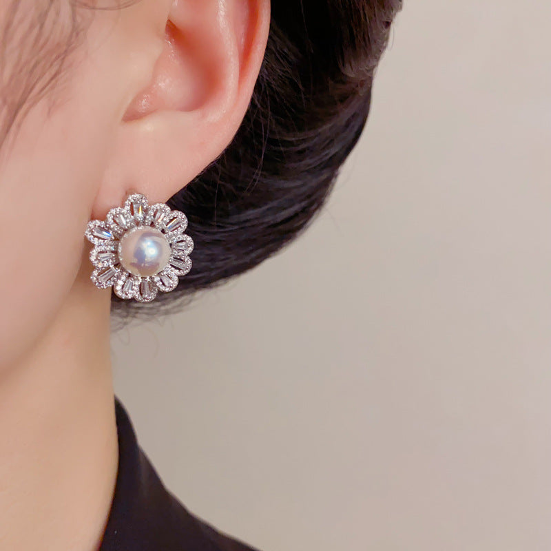 Gold Pavé Petal Pearl Earrings – 925 Silver Post for Sensitive Ears