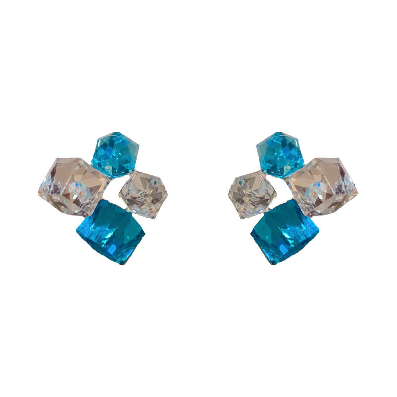 S925 Luxury Sea Salt Blue Crystal Cube Earrings – Elegant Design
