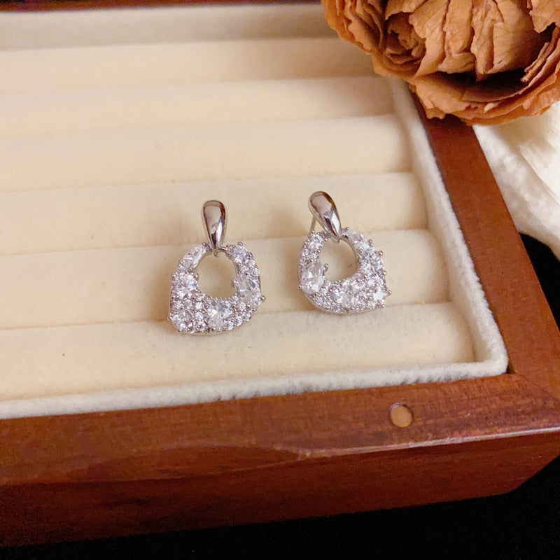 Luxury Full-Zircon Geometric Drop Earrings – Silver Needle Design