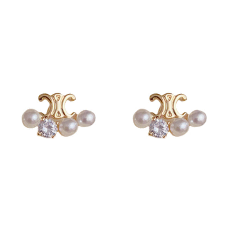 Elegant Triumph Arch Zircon & Pearl Stud Earrings – Geometric Design