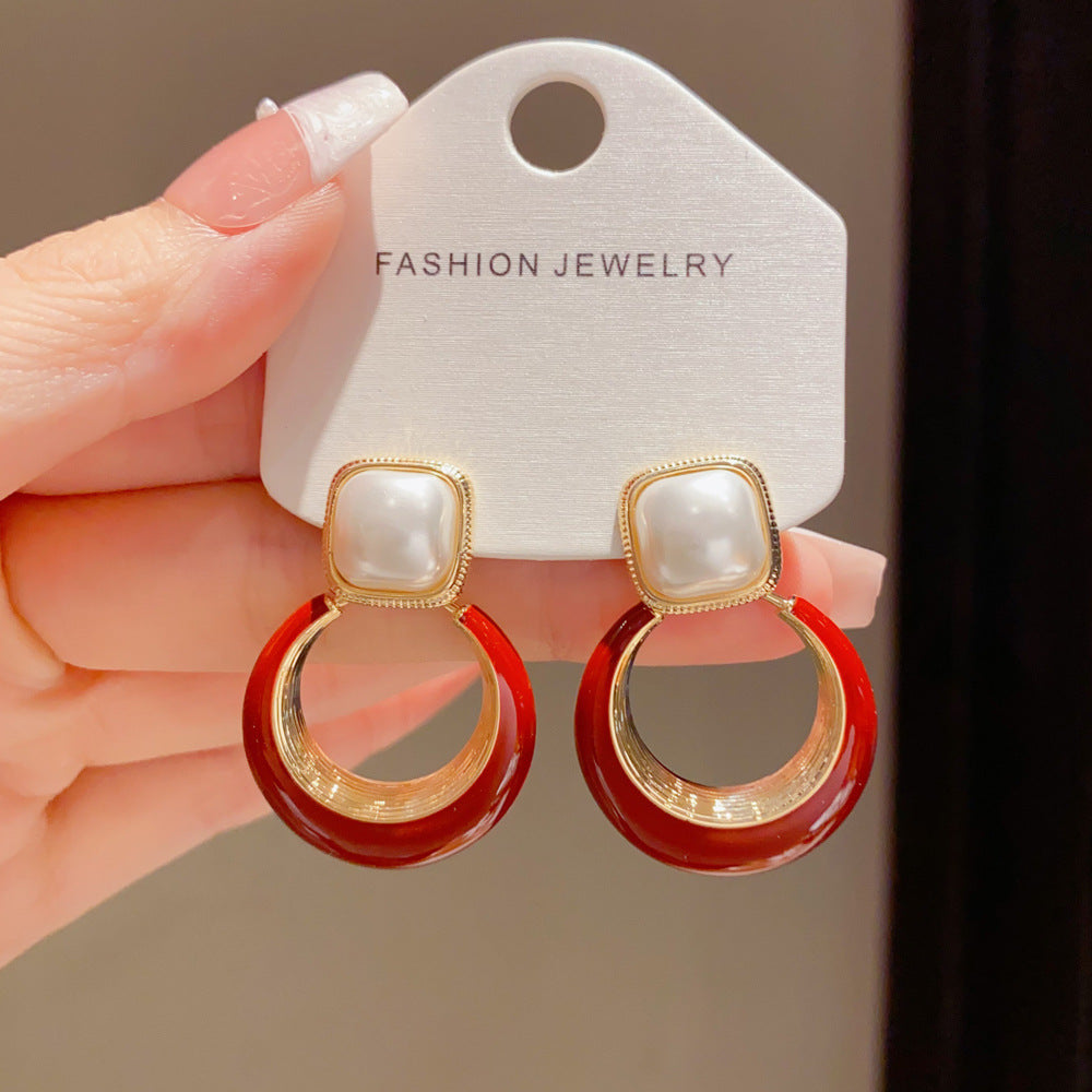 Eaioncol Square Pearl Red Circle Drop Earrings Gold