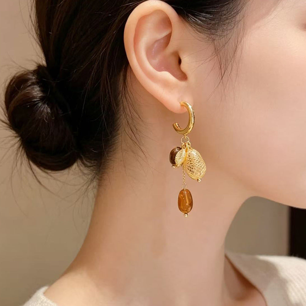 Eaioncol Mesh Tiger Eye Tassel Drop Earrings Gold