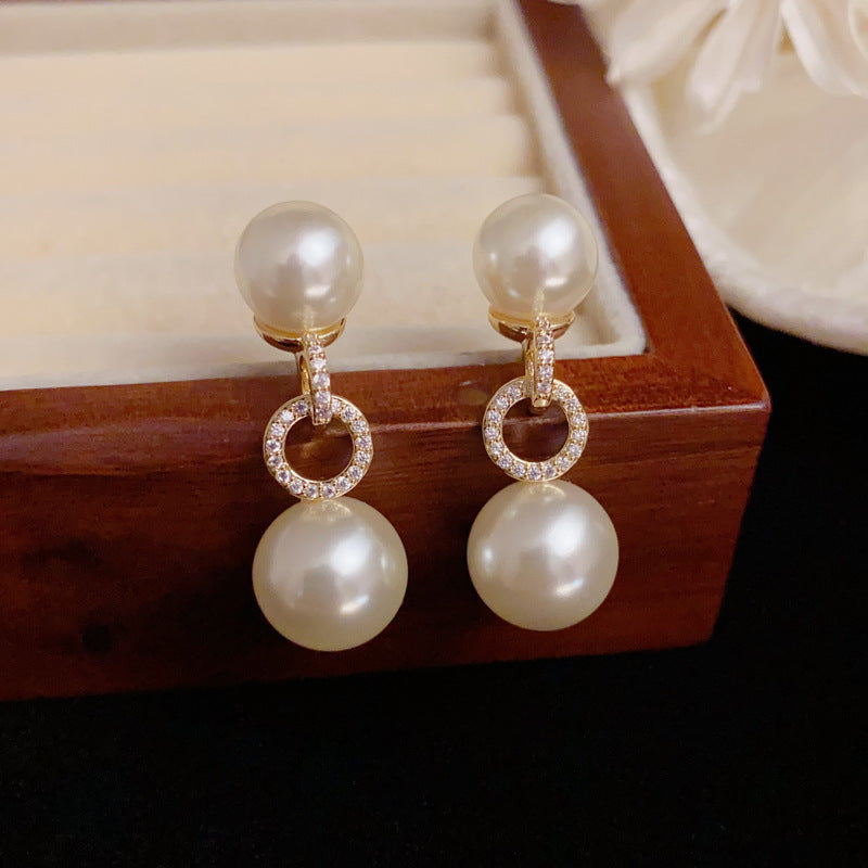 Elegant Zircon Geometric Pearl Drop Earrings – Round Design