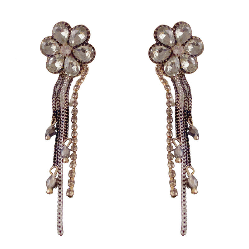 Luxury Zircon Floral Petal 2-Way Tassel Drop Earrings – Elegant Design