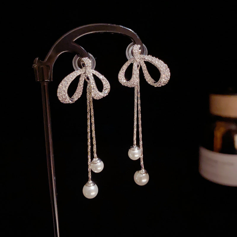 14K Gold-Plated Bow Pearl Tassel Earrings – Pave Zircon Design