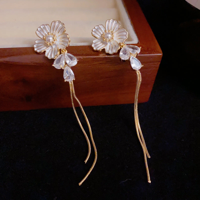 14K Gold Floral Crystal Tassel Drop Earrings – Elegant Slim Design