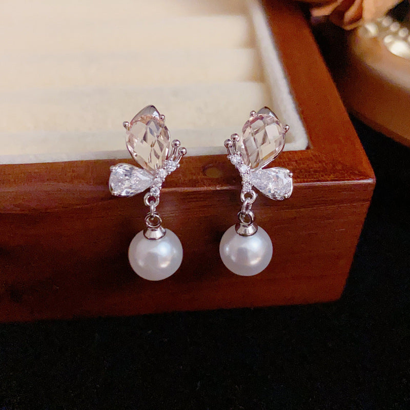 Luxury Butterfly & Pearl Tassel Drop Earrings – S925 Silver Needle
