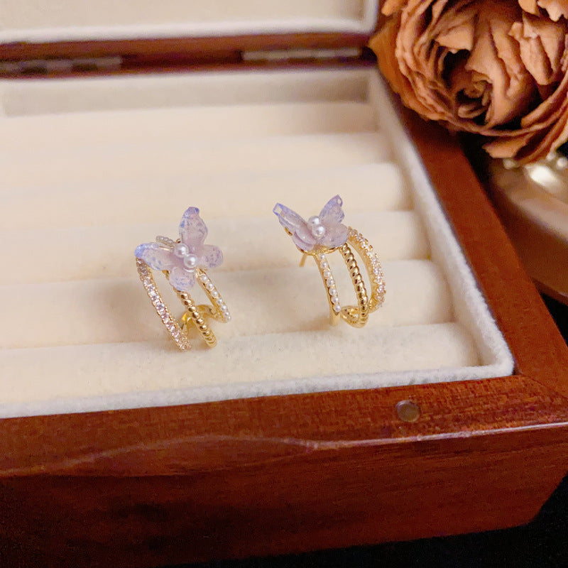 14K Gold Zircon & Pearl Purple Butterfly Hoop Earrings– Elegant Design