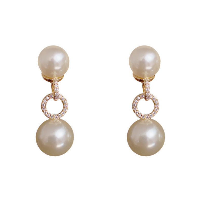 Elegant Zircon Geometric Pearl Drop Earrings – Round Design
