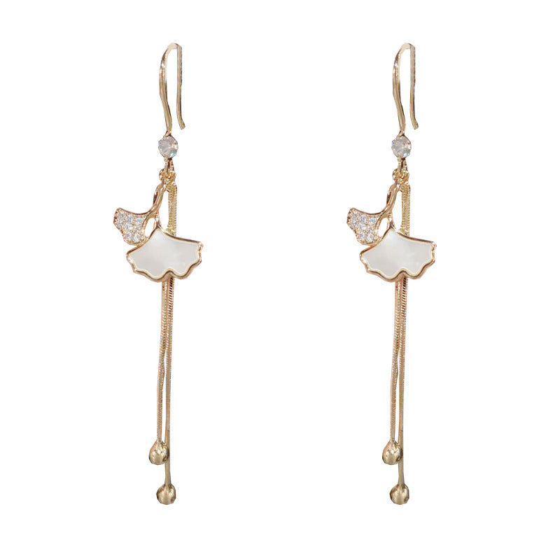 14K Gold-Plated Ginkgo Leaf Shell Tassel Earrings - Elegant Minimalist