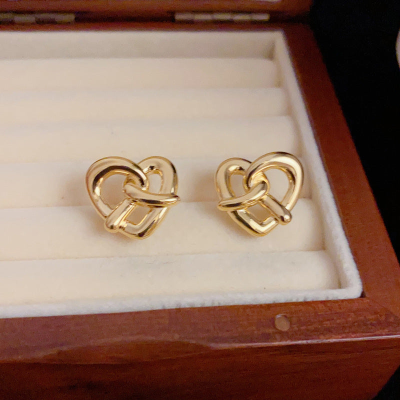 14K Gold-Plated Knot Heart Stud Earrings - Chic Minimalist Design
