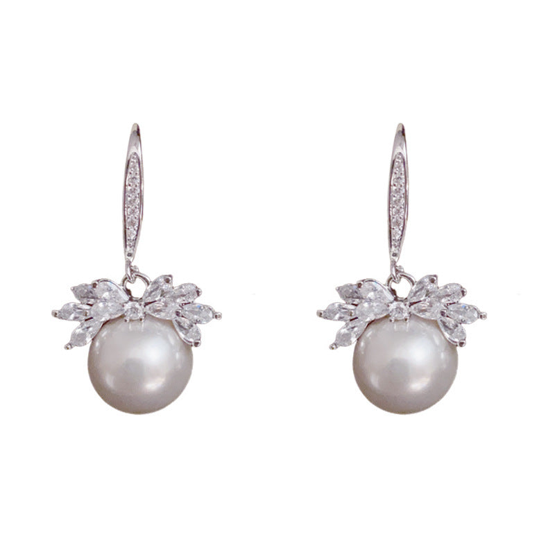 Zircon Leaf & Pearl Ear Hook Earrings – Silver Needle Floral Design