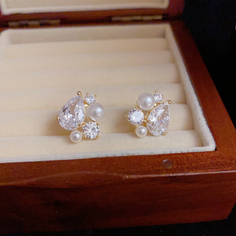 14K Gold Luxury Pearl & Zircon Waterdrop Stud Earrings– Elegant Design