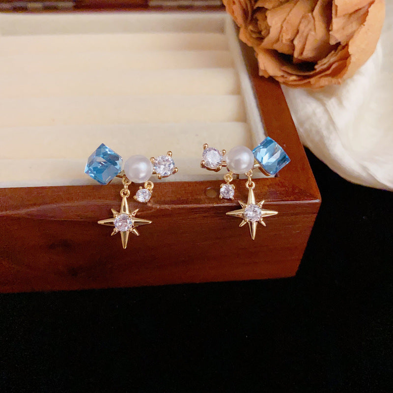 Luxury Blue Sugar Cube Crystal Star Drop Earrings – Star-Shaped Design