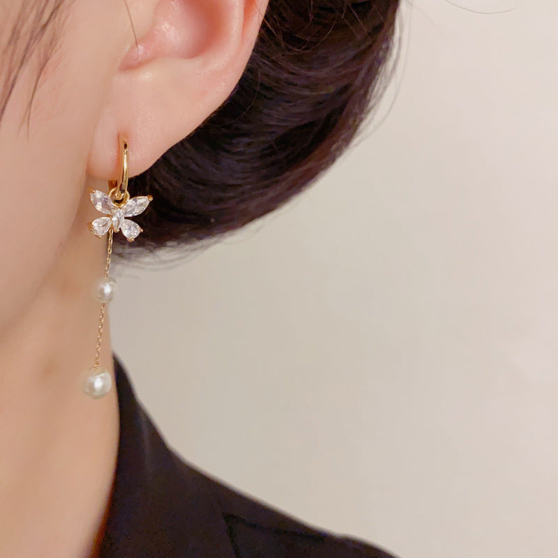 Luxury Zircon Butterfly Pearl Tassel Earrings – Elegant Design