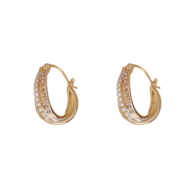 14K Gold Pearl & Rhinestone Crossover Hoop Earrings – Elegant Design