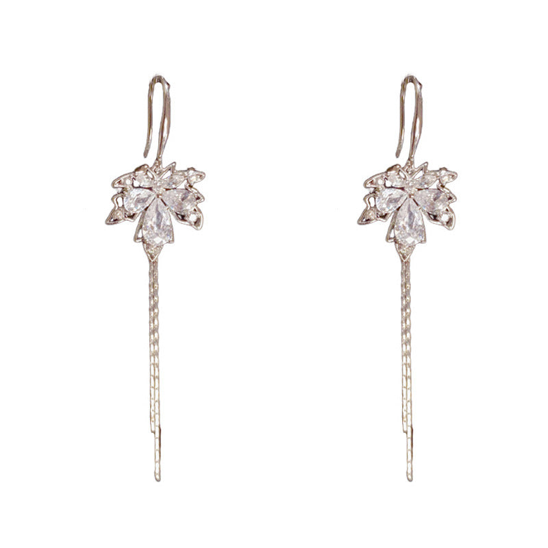 Luxury Zircon Maple Leaf Tassel Ear Hook Earrings – Elegant Design