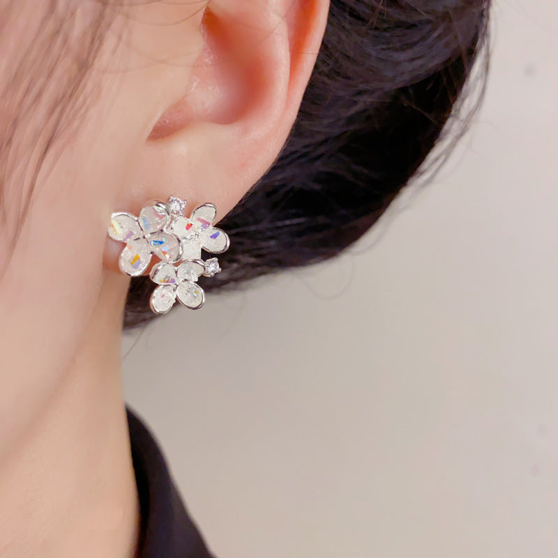 Eaioncol Floral Crystal Petal Stud Earrings Silver