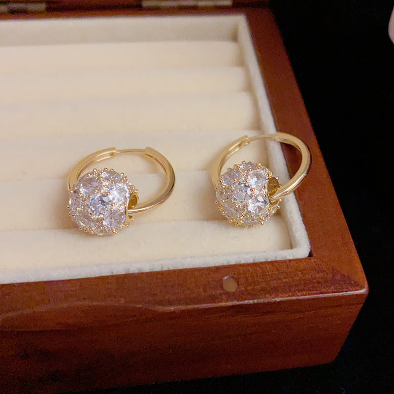 14K Gold-Plated Full Diamond Ball Earrings - Elegant Geometric Design