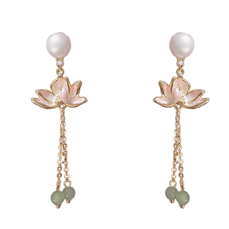 14K Gold Pearl Lotus Tassel Earrings – Elegant Floral Drop Design