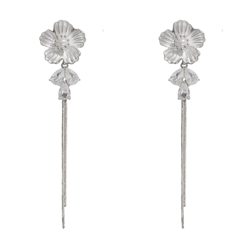 14K Gold Floral Crystal Tassel Drop Earrings – Elegant Slim Design