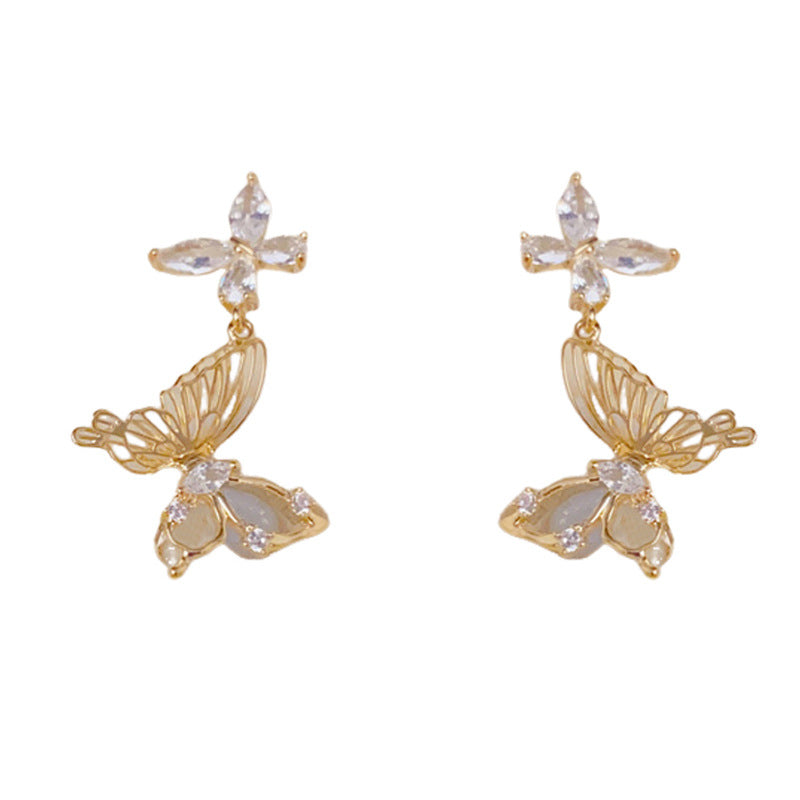 14K Gold Zircon Butterfly Tassel Drop Earrings – S925 Silver Needle